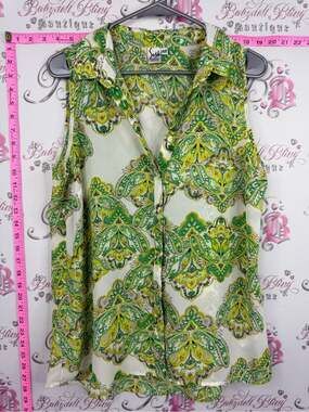 Sash tank top vintage Green & Yellow Paisley Sleeveless Blouse